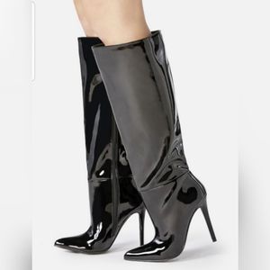 JustFab Zuria Black Patent Leather Stiletto Boots